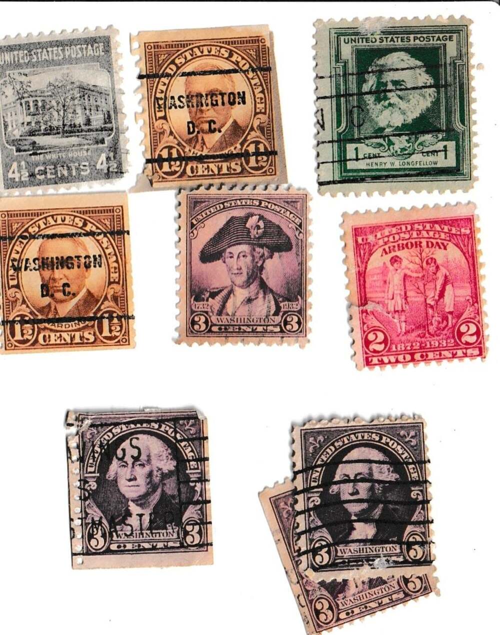 Collection of 7 United States Postage Stamps - Washington & Henry W. Longfellow